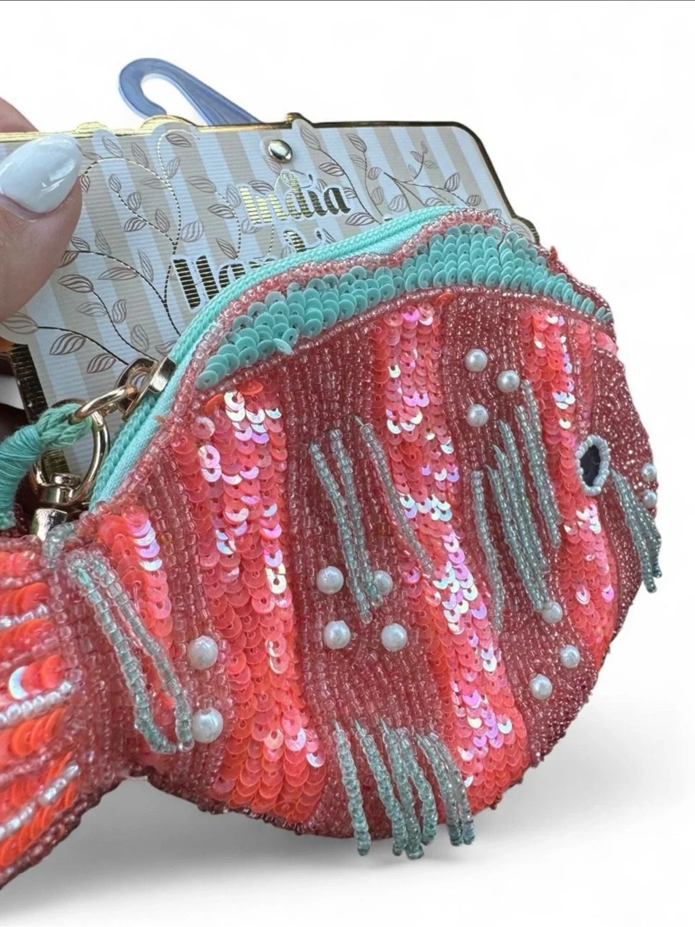 Made in India Beaded Coral Fish pouch